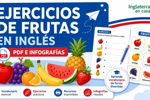 Ejercicios de frutas en inglés con imágenes de apple, banana, orange, strawberry, grapes y watermelon.