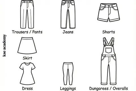 Ilustración de diferentes tipos de ropa: pantalones, jeans, shorts, falda, vestido, leggings y overol.