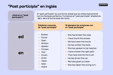 Explicación del "past participle" en inglés, con ejemplos de verbos terminados en -ed o -en y oraciones.
