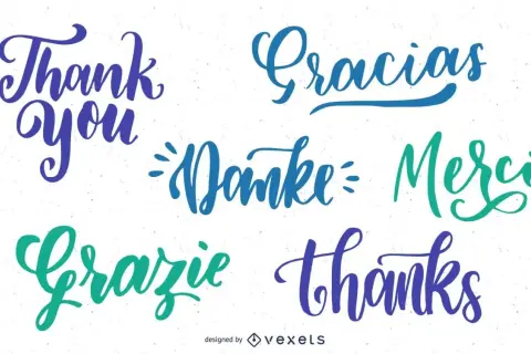 Letras caligráficas dicen "Thank you", "Gracias", "Danke", "Merci", "Grazie", "thanks". Un collage de agradecimientos.