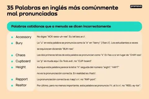 Lista de palabras en inglés y español con pronunciación correcta. Aprende a decir "accessory", "bury", "chaos", "cupboard", "height", "rapport" y "realtor" sin errores.