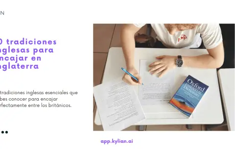 Estudiante con un diccionario Oxford, aprendiendo sobre tradiciones de Inglaterra.
