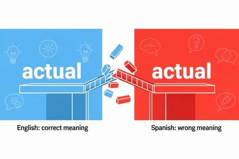 La imagen muestra "actual" en inglés (correcto) y español (incorrecto), ilustrando la diferencia entre cognados.