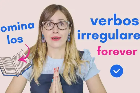 ¡Domina los verbos irregulares para siempre! Mujer con libro abierto y texto motivacional.