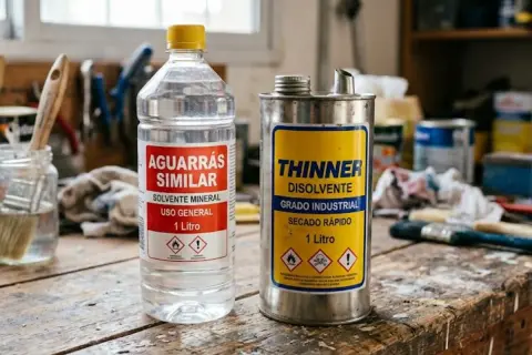 Comparativo de thinners: aguarrás similar y thinner industrial, ambos de 1 litro, sobre una mesa de trabajo.