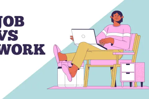 Texto "JOB VS WORK" con persona trabajando en portátil en silla.