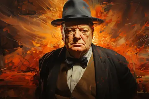 Retrato dramático de Winston Churchill con sombrero y pajarita, sobre un fondo abstracto de llamas naranjas. Sus **winston churchill frases** inspiran fuerza.