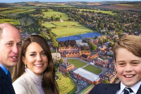 Príncipe William, Kate Middleton y el Príncipe George sonríen ante un colegio con campos deportivos, sugiriendo su futuro en internados en Reino Unido.