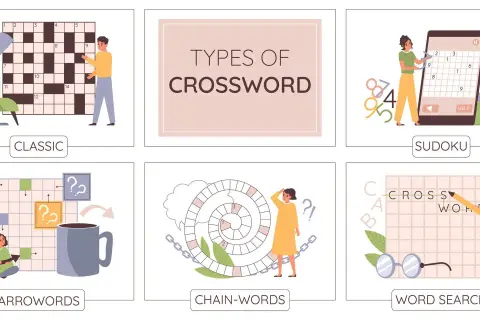 Ilustración de varios tipos de juegos de palabras en inglés: crucigramas clásicos, sudoku, arrowords, chain-words y word search.