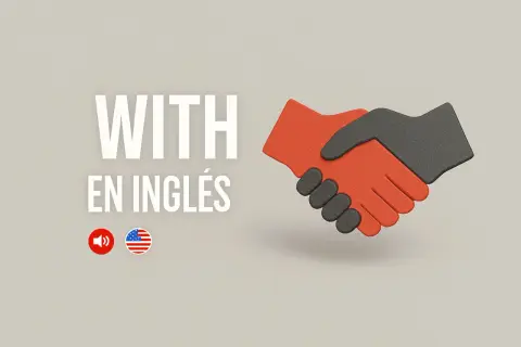 A handshake made of red and black material, with "WITH EN INGLÉS" and icons for sound and the US flag.