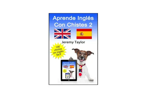 Un perro con gafas y corbata muestra una tablet con "Aprende Inglés Con Chistes 2". ¡El humor inglés te espera!