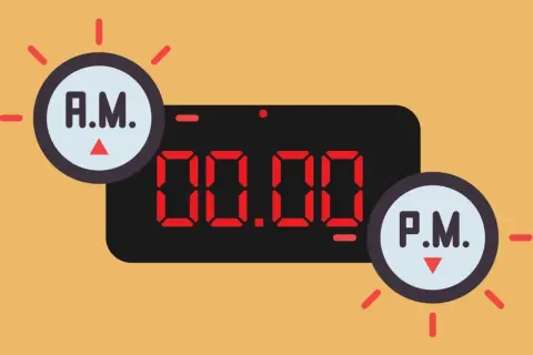 Reloj digital con 00:00 y círculos que indican A.M. y P.M. El tiempo pasa de la mañana a la tarde.