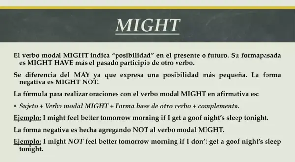 El verbo modal MIGHT significa "posibilidad". Aprende su uso y ejemplos para expresar probabilidad.