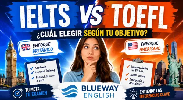 Joven reflexiona sobre elegir entre TOEFL o IELTS, con iconos de Londres y Nueva York.