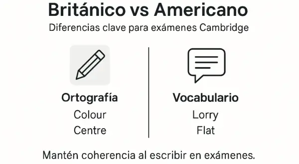 Diferencias entre inglés británico y americano para exámenes Cambridge: ortografía (Colour, Centre) y vocabulario (Lorry, Flat).