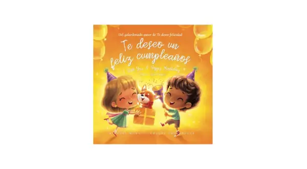 Niños celebran un cumpleaños con un regalo y un perrito. La portada del libro "Te deseo un feliz cumpleaños" muestra cómo felicitar un cumpleaños.