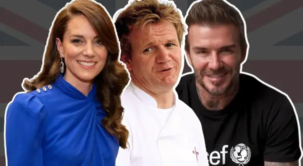 Kate Middleton, Gordon Ramsay y David Beckham, un famoso actor inglés, sonríen ante la cámara.