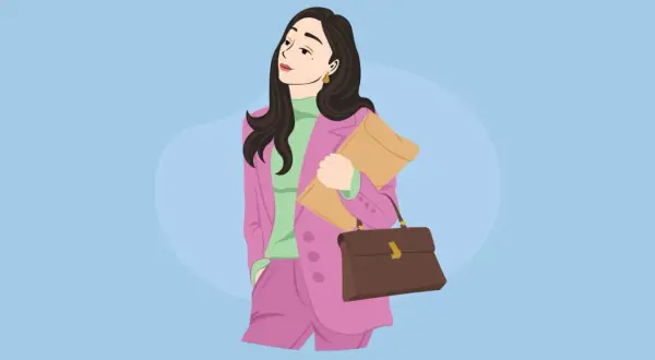 Mujer con traje rosa y bolso marrón, lista para el trabajo. Ideal para vocabulario de descripción física en inglés.