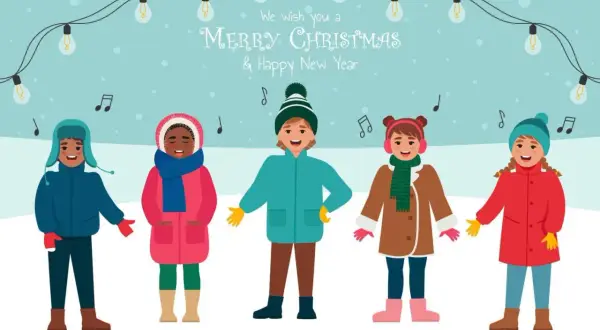 Cinco niños cantan un villancico en inglés bajo luces navideñas.