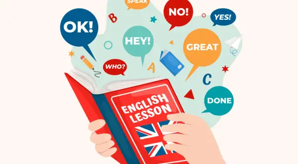 Libro de lecciones de inglés con burbujas de diálogo que muestran palabras más usadas en inglés como "OK", "HEY", "GREAT", "DONE".