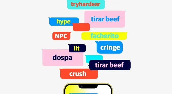 Burbujas de chat con palabras de moda de la **generación Z**: tryhardear, hype, NPC, lit, dospa, crush, tirar beef, facherito, cringe, vibes.