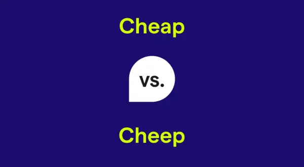 Comparativo de "Cheap" vs. "Cheep". El texto amarillo resalta las palabras, con "vs." en un círculo blanco.