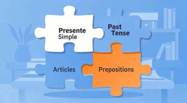 Cuatro piezas de rompecabezas unidas: "Presente Simple", "Past Tense", "Articles" y "Prepositions".