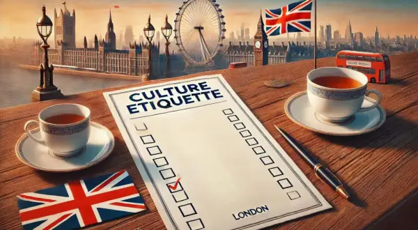 Té y lista de "Culture Etiquette" con el Big Ben y el London Eye de fondo, evocando las tradiciones de Londres.