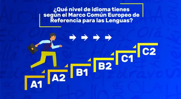 Hombre subiendo escalones con niveles de idiomas A1, A2, B1, B2, C1, C2. Pregunta: "¿Qué nivel de idioma tienes según el Marco Común Europeo de Referencia para las Lenguas?".