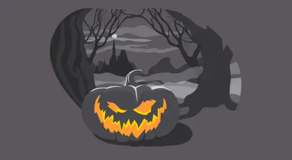 Calabaza de Halloween iluminada en un bosque oscuro, perfecta para tus frases de Halloween en inglés.