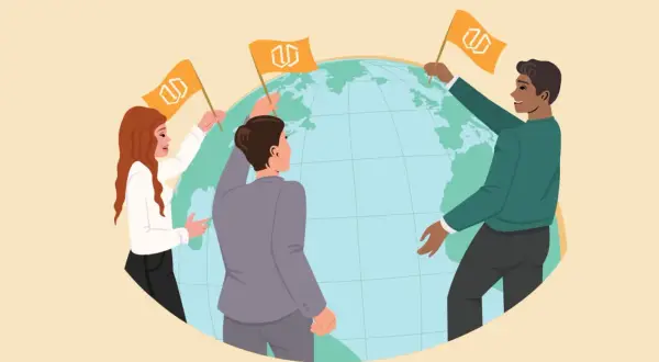 Personas de diversas nacionalidades en inglés, alrededor del mundo, sostienen banderas con un logo.