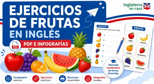 Ejercicios de frutas en inglés con imágenes de apple, banana, orange, strawberry, grapes y watermelon.
