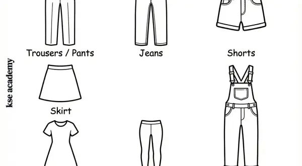 Ilustración de diferentes tipos de ropa: pantalones, jeans, shorts, falda, vestido, leggings y overol.