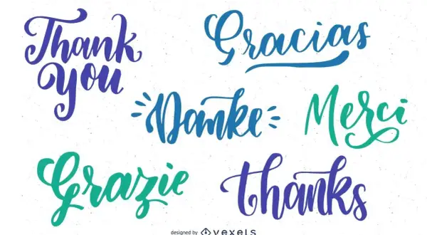 Letras caligráficas dicen "Thank you", "Gracias", "Danke", "Merci", "Grazie", "thanks". Un collage de agradecimientos.