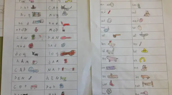 Hojas con listas de rimas en inglés y dibujos infantiles: "pig", "hat", "cat", "dog", "cap", "fan", entre otras.