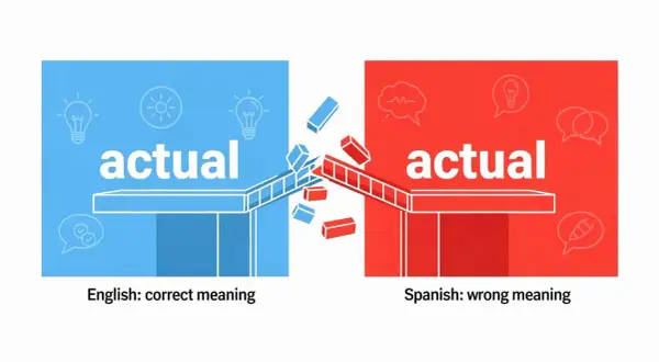 La imagen muestra "actual" en inglés (correcto) y español (incorrecto), ilustrando la diferencia entre cognados.