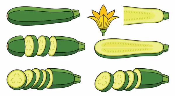 Ilustración de calabacines enteros, cortados y una flor. Estas verduras, conocidas en inglés como "zucchini", son perfectas para recetas saludables.