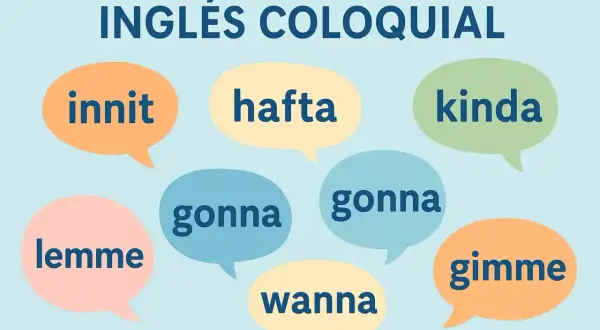 Burbujas de diálogo con "gonna", "wanna", "lemme", "gimme", "kinda", "hafta" e "innit". ¡Aprende inglés coloquial!