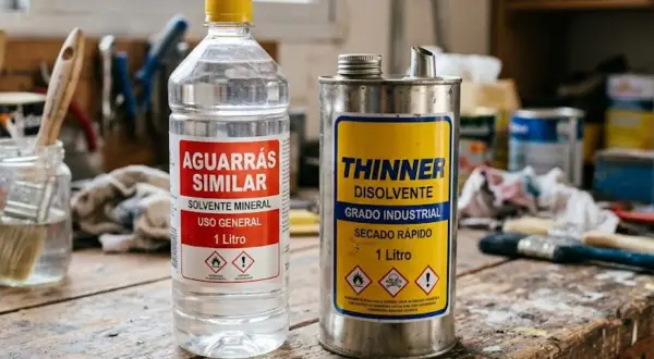 Comparativo de thinners: aguarrás similar y thinner industrial, ambos de 1 litro, sobre una mesa de trabajo.