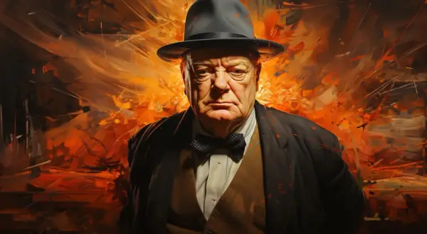 Retrato dramático de Winston Churchill con sombrero y pajarita, sobre un fondo abstracto de llamas naranjas. Sus **winston churchill frases** inspiran fuerza.