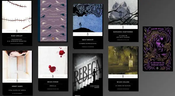Montaje de portadas de libros clásicos de autores ingleses como Shelley, Poe, Brontë, Hawthorne, Stoker, Du Maurier, James, Collins y Wilde.