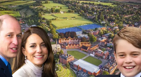 Príncipe William, Kate Middleton y el Príncipe George sonríen ante un colegio con campos deportivos, sugiriendo su futuro en internados en Reino Unido.