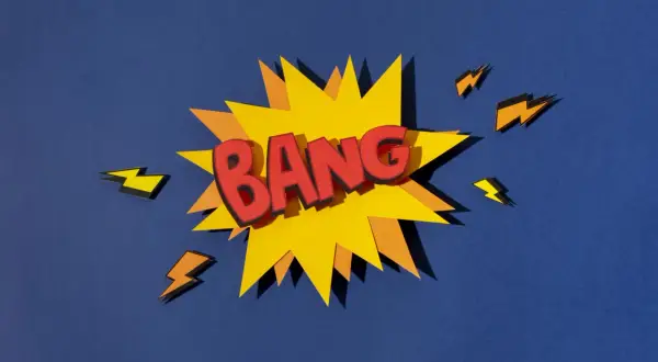 Explosión de cómic con la onomatopeya en inglés "BANG" en letras rojas, rodeada de rayos amarillos y naranjas sobre fondo azul.