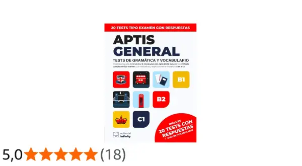 Libro "Aptis General" con 20 tests de gramática y vocabulario para oposiciones. Incluye niveles B1 a C1.