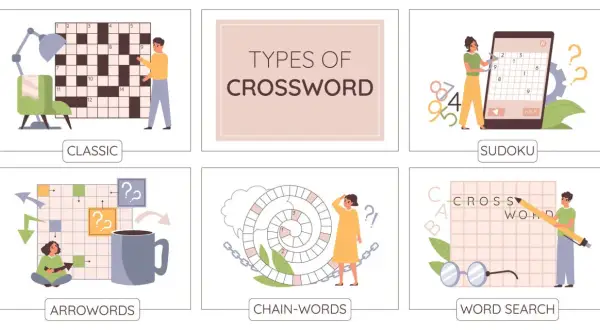 Ilustración de varios tipos de juegos de palabras en inglés: crucigramas clásicos, sudoku, arrowords, chain-words y word search.