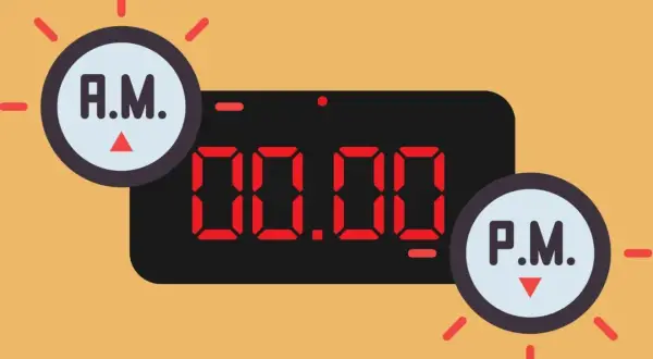 Reloj digital con 00:00 y círculos que indican A.M. y P.M. El tiempo pasa de la mañana a la tarde.