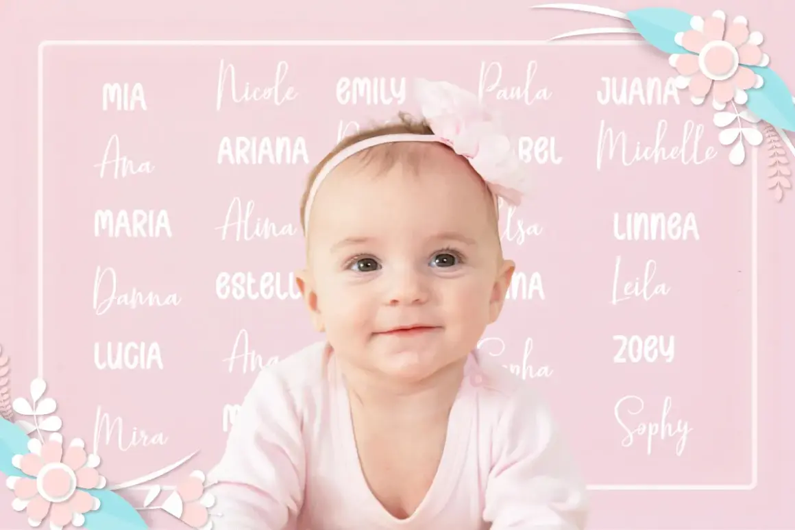 Bebé sonriente rodeada de nombres de mujer, incluyendo nombres irlandeses como Mia, Nicole, Emily, Paula, Juana, Ana, Ariana, Michelle, Maria, Alina, Danna, Estella, Lucia, Zoey y Sophy.
