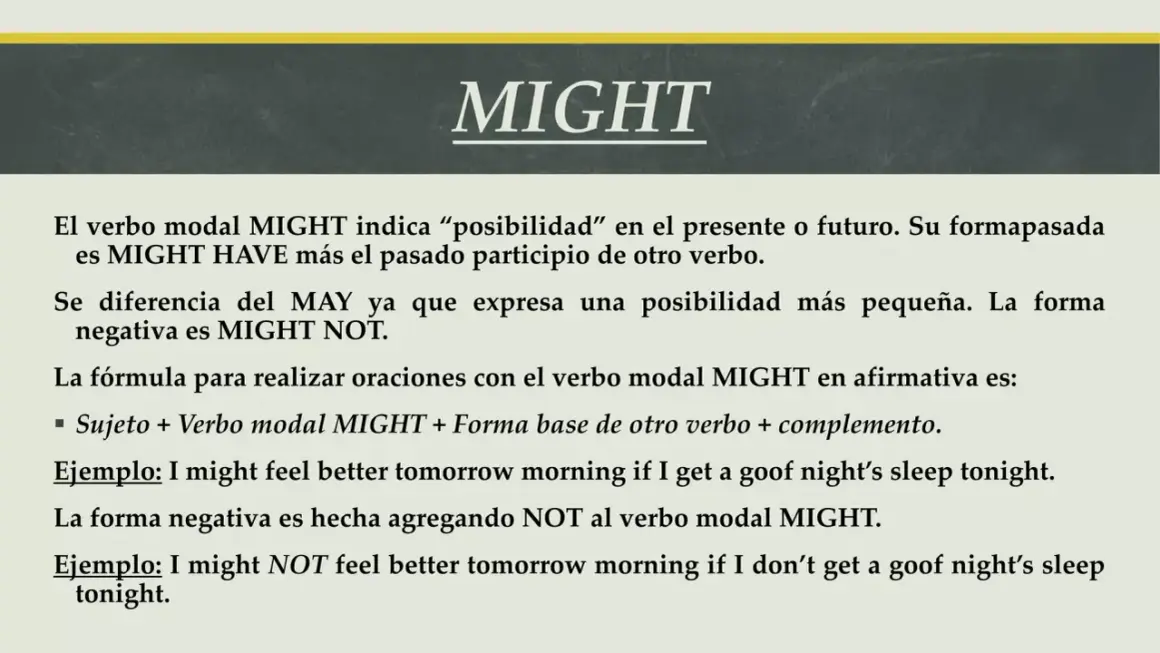 El verbo modal MIGHT significa "posibilidad". Aprende su uso y ejemplos para expresar probabilidad.