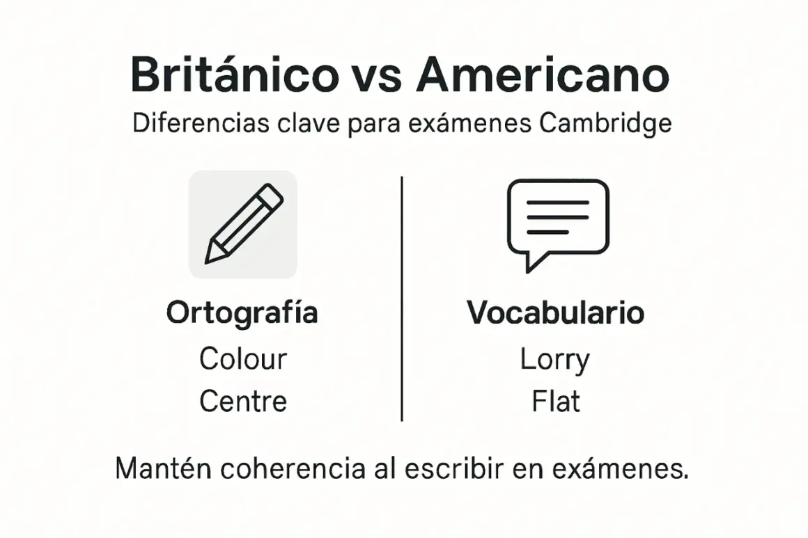 Diferencias entre inglés británico y americano para exámenes Cambridge: ortografía (Colour, Centre) y vocabulario (Lorry, Flat).