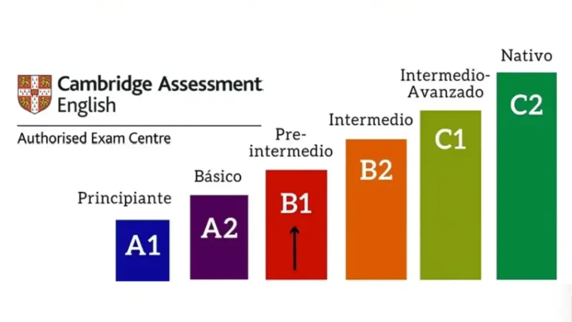 Gráfica de Cambridge English muestra los grados de inglés, desde principiante (A1) hasta nativo (C2), con niveles intermedios.